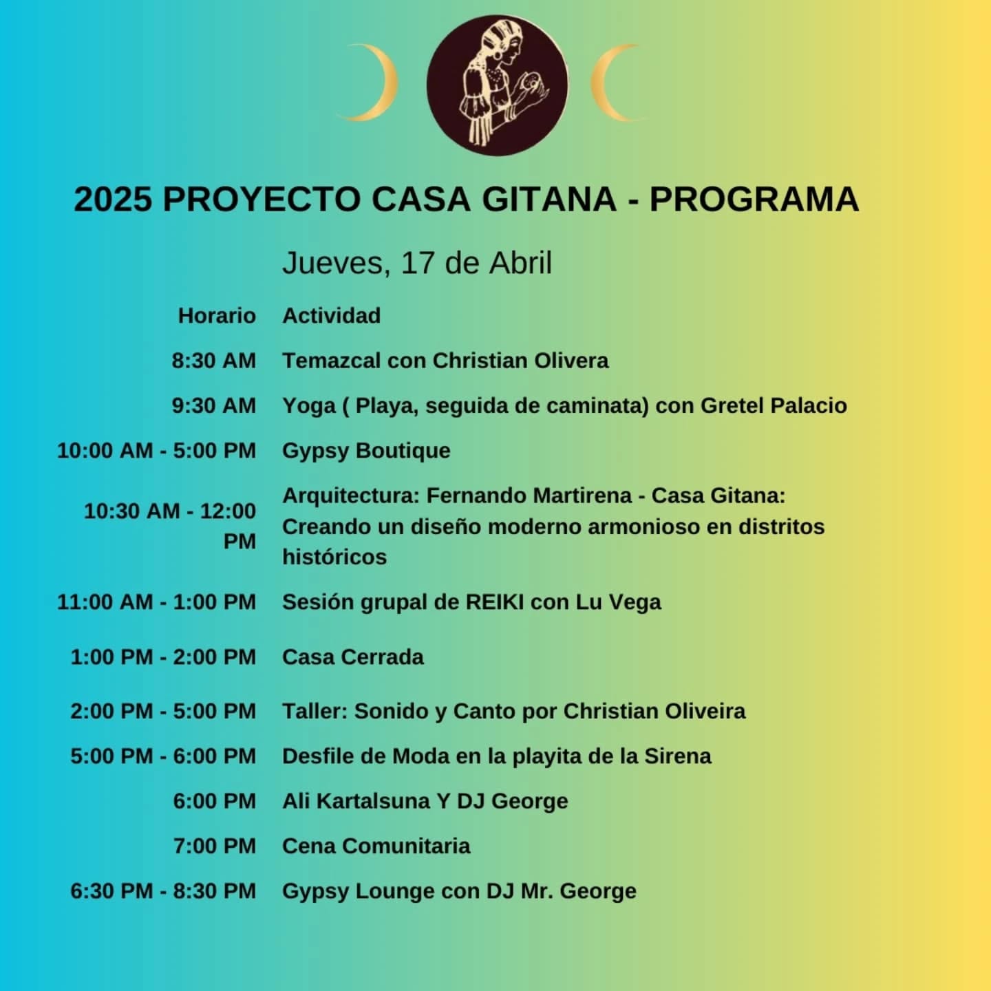 ¡La magia ya casi comienza!
Prepárate para una semana llena de sanación, arte, moda, música y comunidad en Casa Gitana.
Aquí va un adelanto del itinerario:
Martes 15 al Sábado 19 de Abril
- Temazcal al amanecer
- Yoga frente al mar
- Boutique Gitana abierta todo el día
- Lecturas de tarot, reiki y masajes
- Talleres de arte reciclado, teatro terapéutico y constelaciones familiares
- Clases de cocina ancestral
- Presentaciones de libros y documentales
- Desfiles de moda, arte taíno, música en vivo
- DJ Mr. George encendiendo el Gypsy Lounge cada noche
- ¡Y nuestras cenas comunitarias bajo las estrellas!
Ven a vivir el mito, la magia y la comunidad.
#CasaGitana #Gibara2025 #ArteYAlma