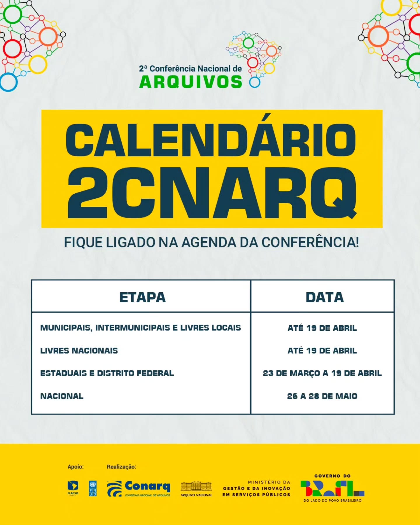 Já é tempo de 2CNArq! Conheça as datas para realização de todas as etapas e acompanhe em nossas redes a divulgação de cada evento!
O Regimento Interno da Conferência já está disponível no nosso site, com os detalhes de organização de cada etapa. Veja em www.2cnarquivos.org, no link da nossa Bio.
#2CNArq #arquivos #Democracia #Cidadania