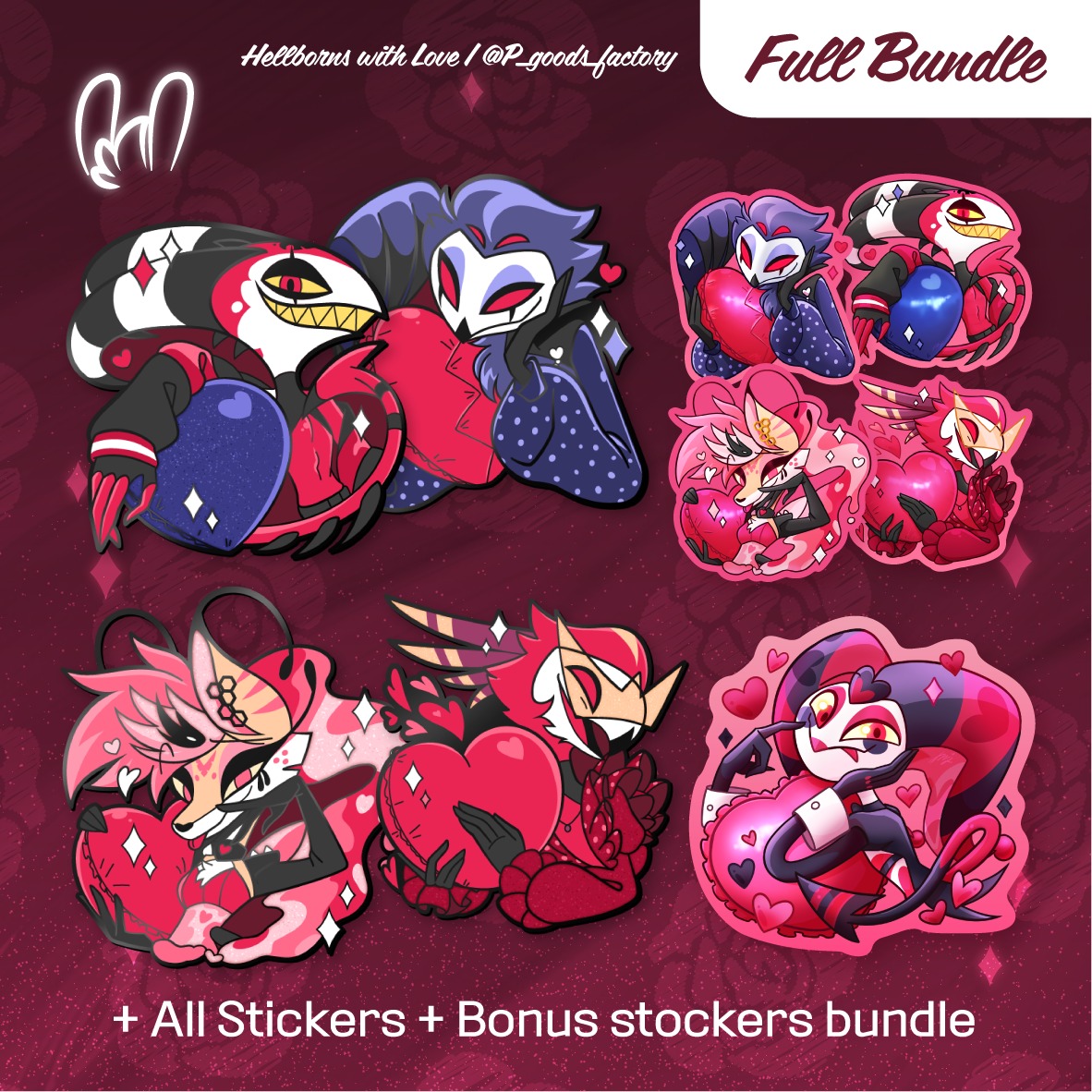 ❤️Hell borns with LOVE❤️🔥
Finally, let me show you a sticker of 2026 Helluva Boss Valentine's day series!! I'm really proud of this full series, and these main stickers are also shiny as well!
Each series have 4 pins and 4 following sticker designs and 1 more bonus design for the full bundle pre orders!!
All these items and bonus Fizizy sticker is only given to pre orders, and PO will available until TODAY in public, so order them now!!
#Hellaverse #HazbinHotel #HelluvaBoss #HelluvaBossfanart #Stolas #Blitz #Stotlitz #bee #Beelzebub #vassago #Fizzy #fizz #fizzarolli #Enamelpin #enamelpins #pin #pins #sticker #stickers #diecutsticker #helluvabosspins #helluvabossstickers